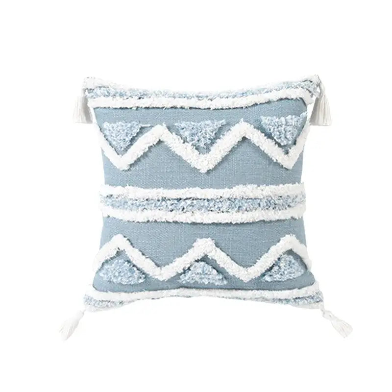 Textured blue & white geometric cushion cover with tassels living room