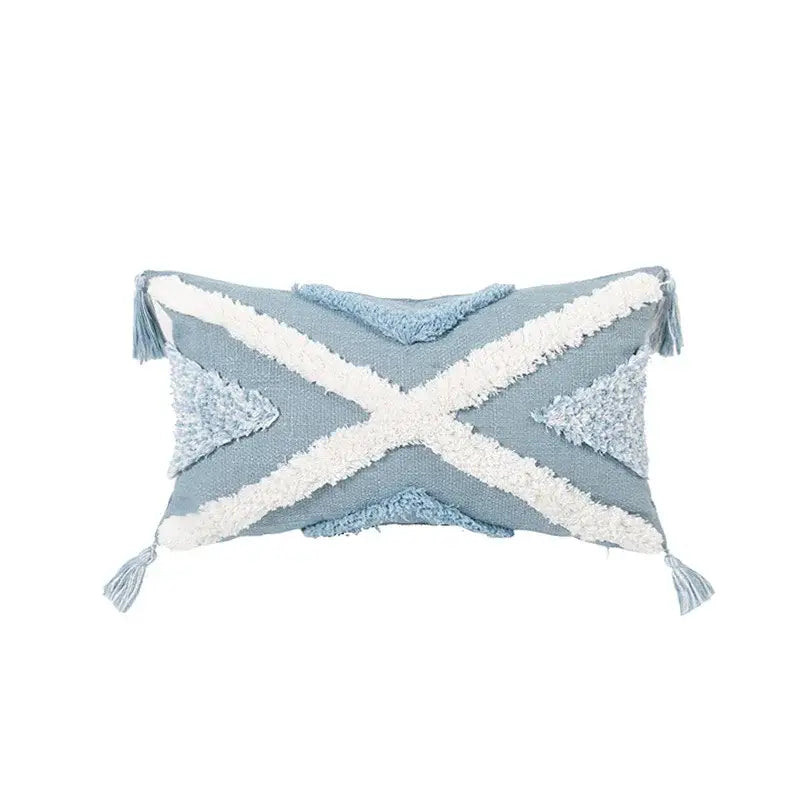 Textured blue & white geometric cushion cover with tassels living room