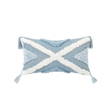 Textured blue & white geometric cushion cover with tassels living room