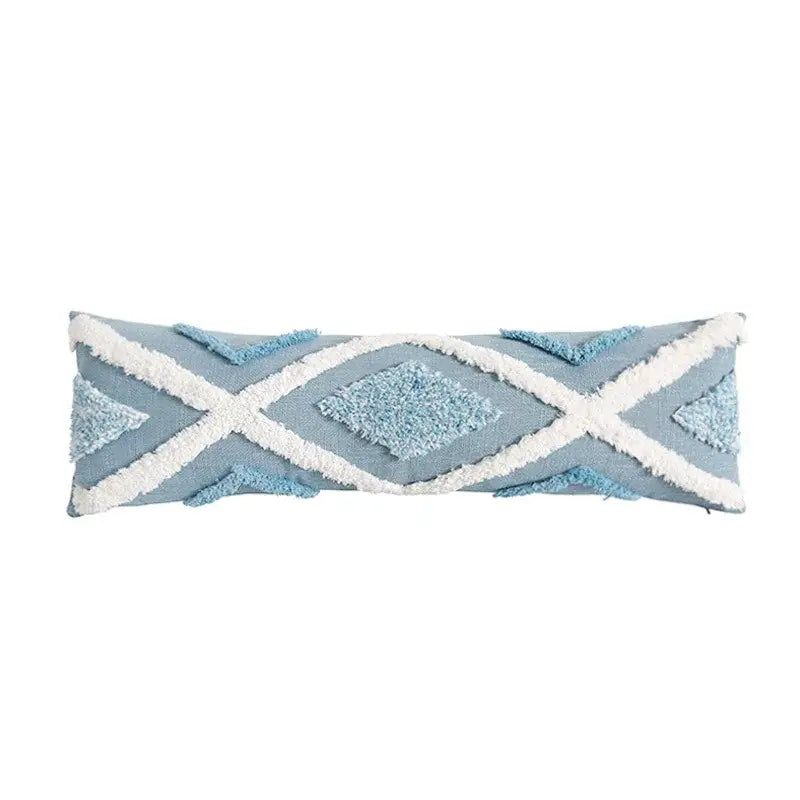 Textured blue & white geometric cushion cover with tassels living room