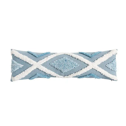 Textured blue & white geometric cushion cover with tassels living room
