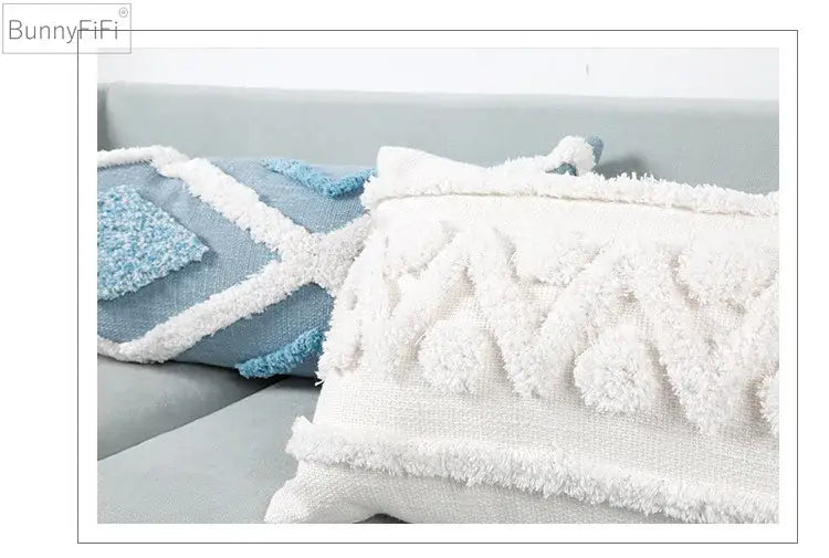 Textured blue & white geometric cushion cover with tassels living room