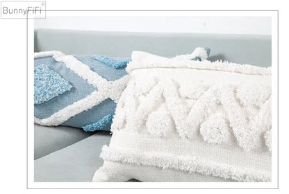 Textured blue & white geometric cushion cover with tassels living room