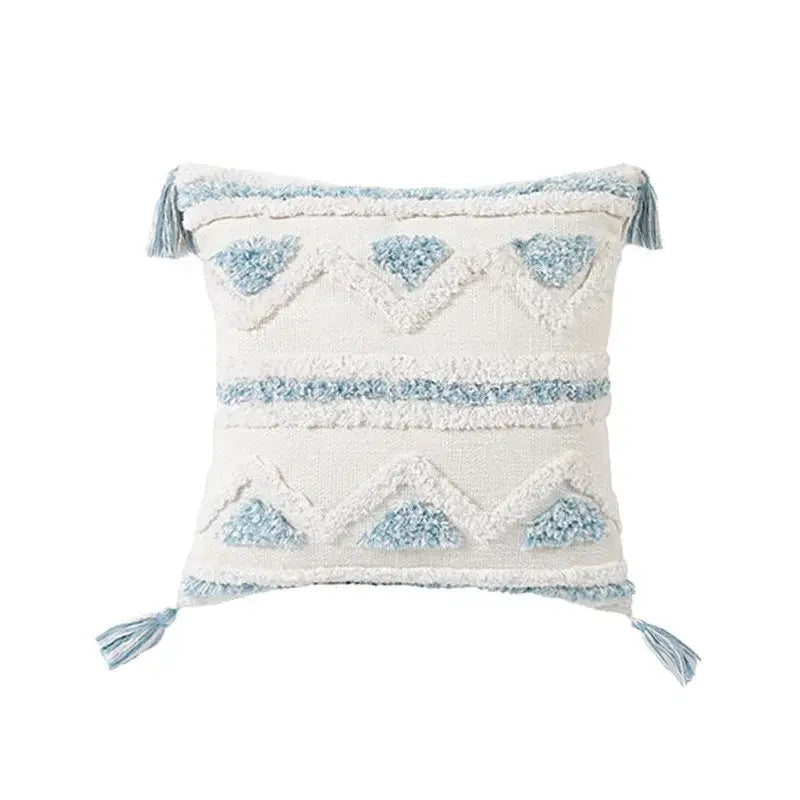 Textured blue & white geometric cushion cover with tassels living room
