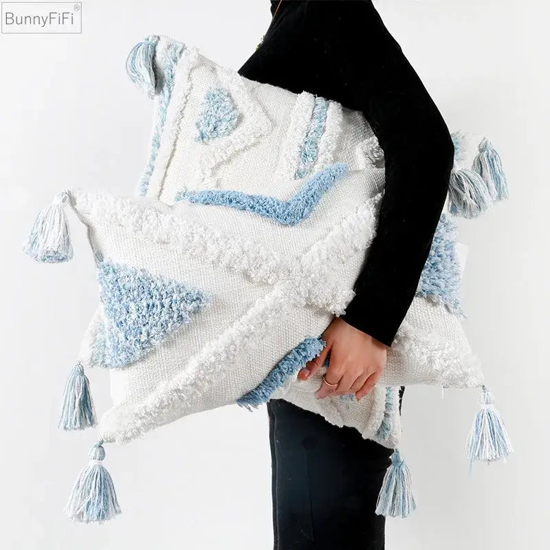 Textured blue & white geometric cushion cover with tassels living room