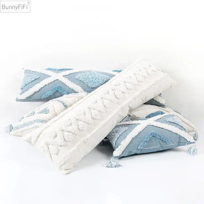 Textured blue & white geometric cushion cover with tassels living room