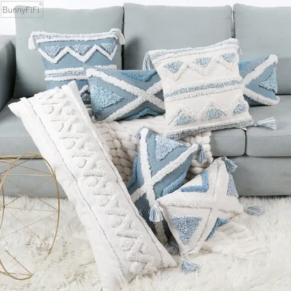 Textured blue & white geometric cushion cover with tassels living room