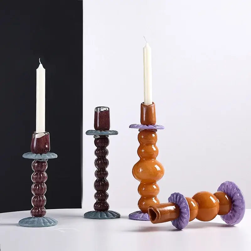 Textured burgundy and light blue glass candlestick holder dining room
