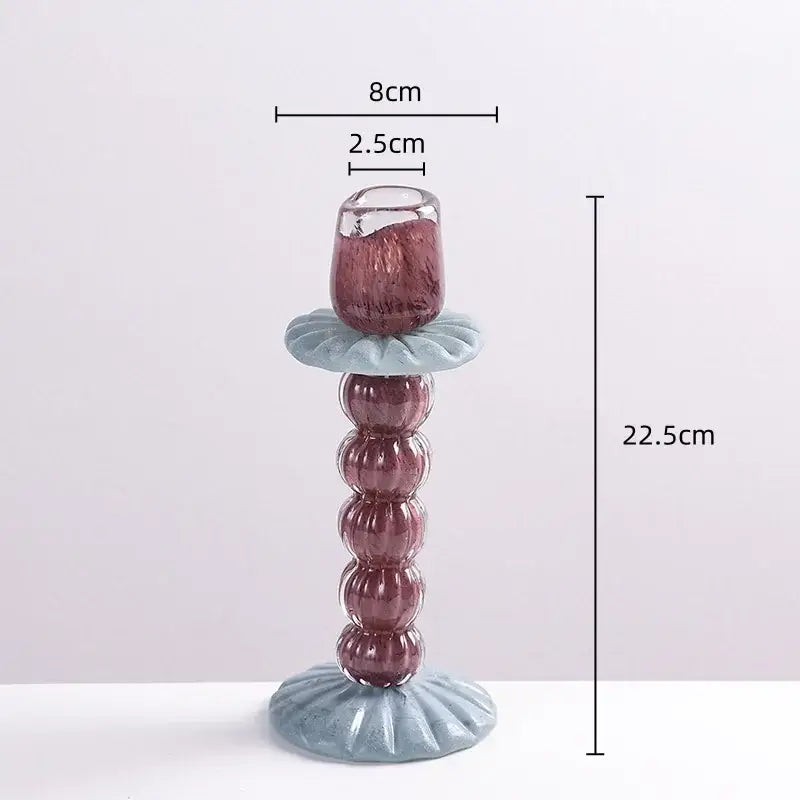 Textured burgundy and light blue glass candlestick holder dining room
