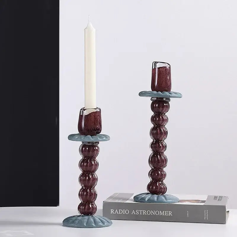Textured burgundy and light blue glass candlestick holder dining room