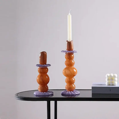 Textured burgundy and light blue glass candlestick holder dining room