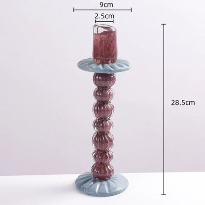 Textured burgundy and light blue glass candlestick holder dining room