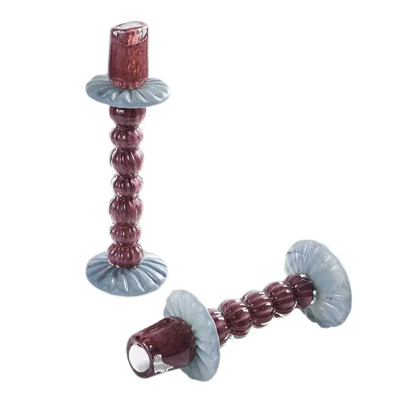 Textured burgundy and light blue glass candlestick holder dining room
