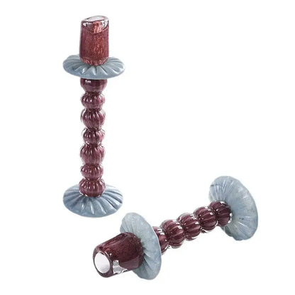Textured burgundy and light blue glass candlestick holder dining room