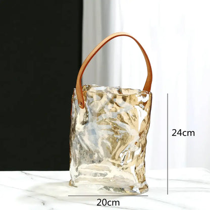 Textured clear glass vase with leather handles living room decor
