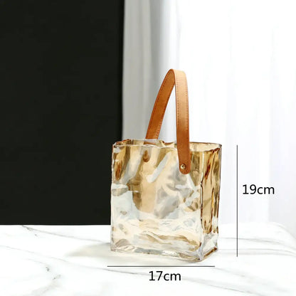 Textured clear glass vase with leather handles living room decor