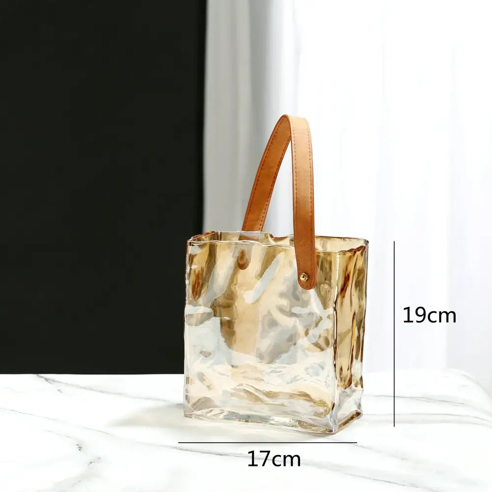 Textured clear glass vase with leather handles living room decor