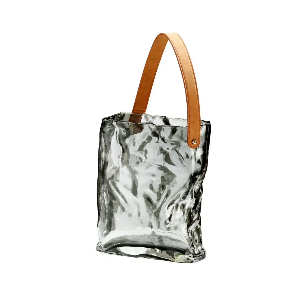 Textured clear glass vase with leather handles living room decor