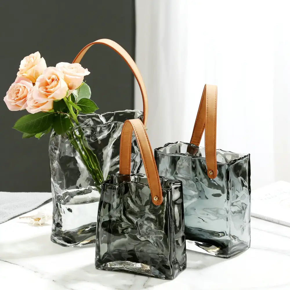 Textured clear glass vase with leather handles living room decor
