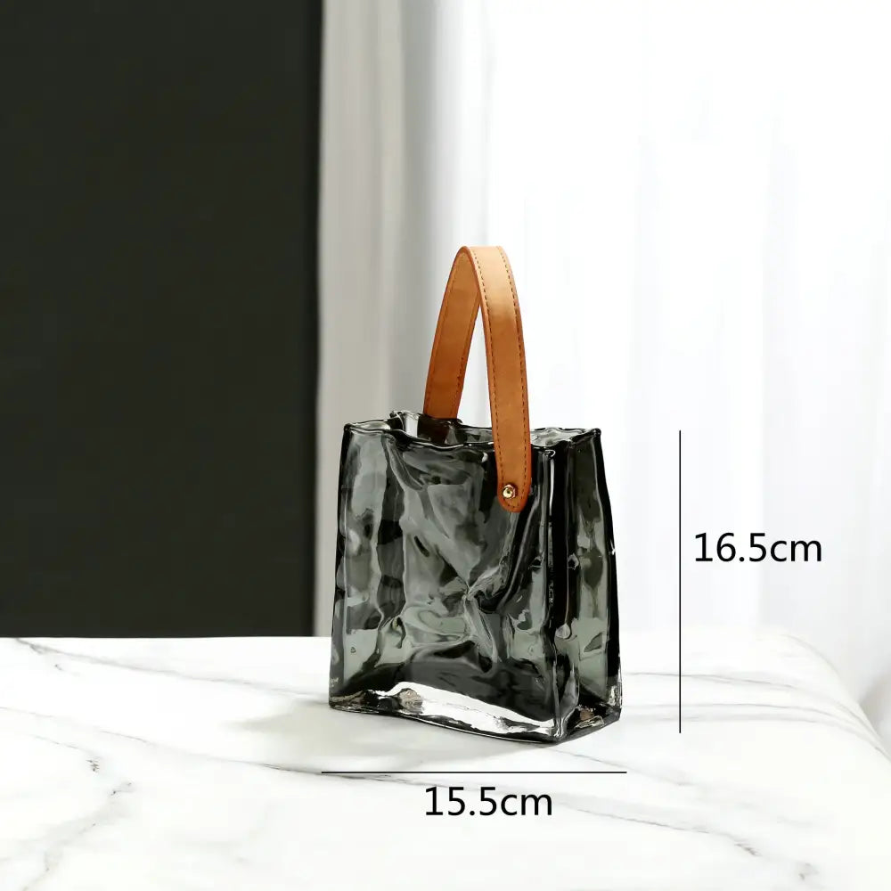 Textured clear glass vase with leather handles living room decor