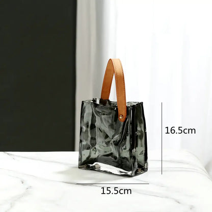Textured clear glass vase with leather handles living room decor