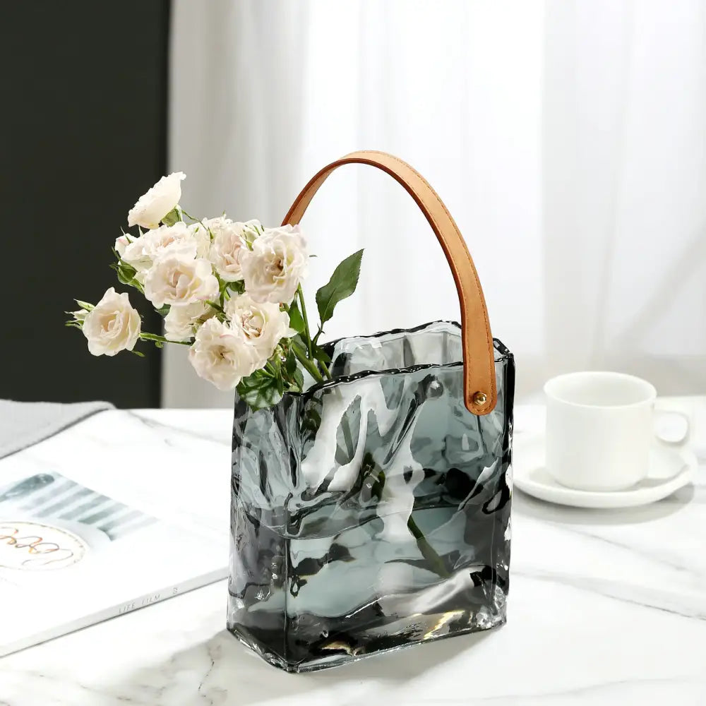 Textured clear glass vase with leather handles living room decor