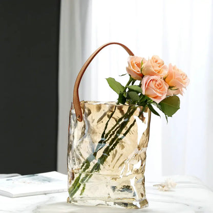 Textured clear glass vase with leather handles living room decor
