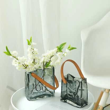 Textured clear glass vase with leather handles living room decor