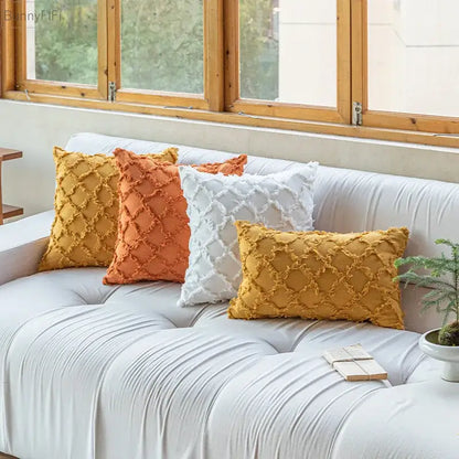 Textured cotton diamond cushion cover set mustard & orange living room