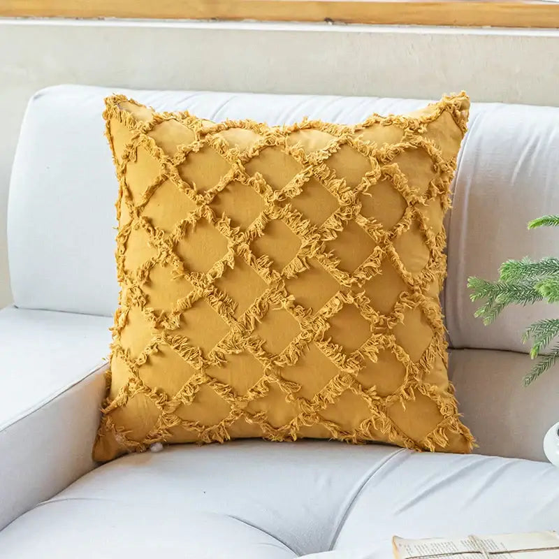 Textured cotton diamond cushion cover set mustard & orange living room