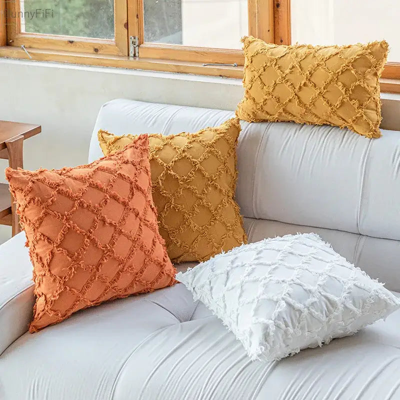 Textured cotton diamond cushion cover set mustard & orange living room