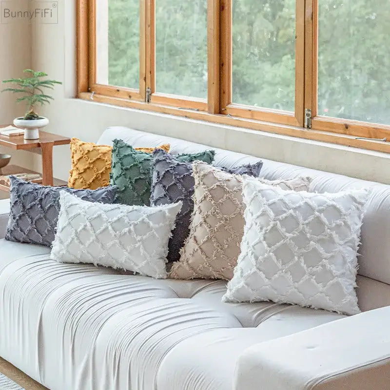 Textured cotton diamond cushion cover set mustard & orange living room