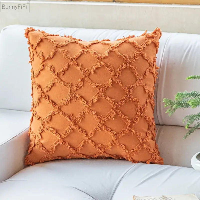 Textured cotton diamond cushion cover set mustard & orange living room
