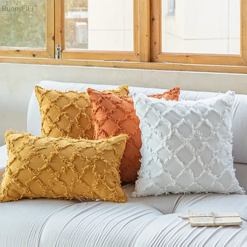 Textured cotton diamond cushion cover set mustard & orange living room