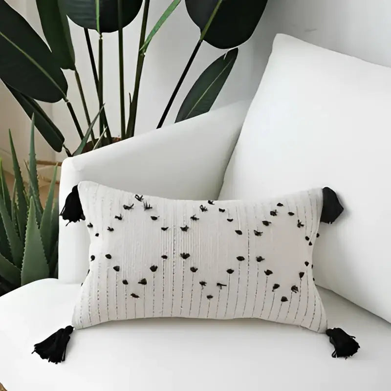 Textured cream & black geometric tassels cushion cover living room