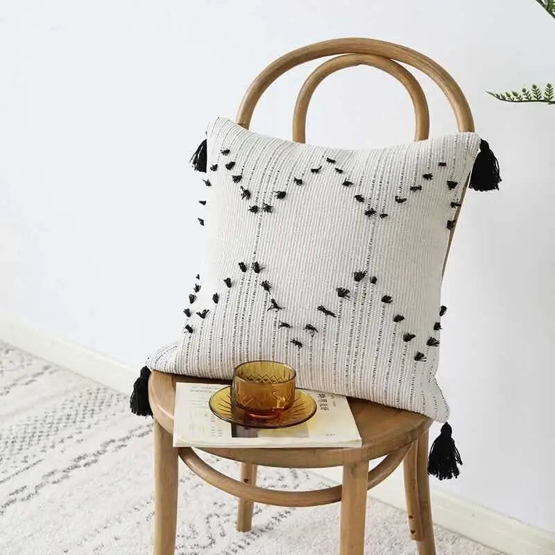 Textured cream & black geometric tassels cushion cover living room