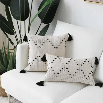 Textured cream & black geometric tassels cushion cover living room