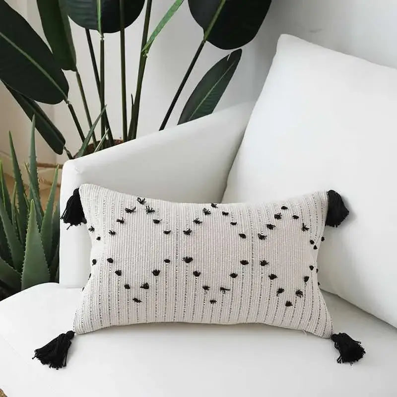Textured cream & black geometric tassels cushion cover living room