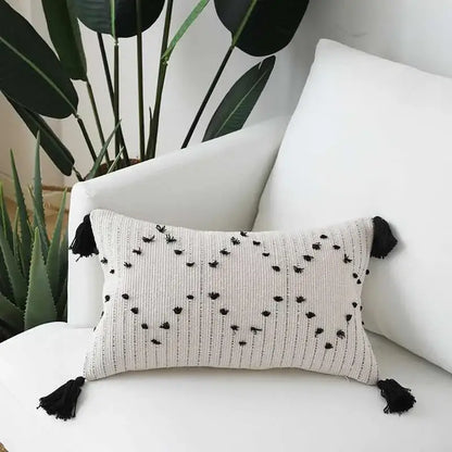 Textured cream & black geometric tassels cushion cover living room