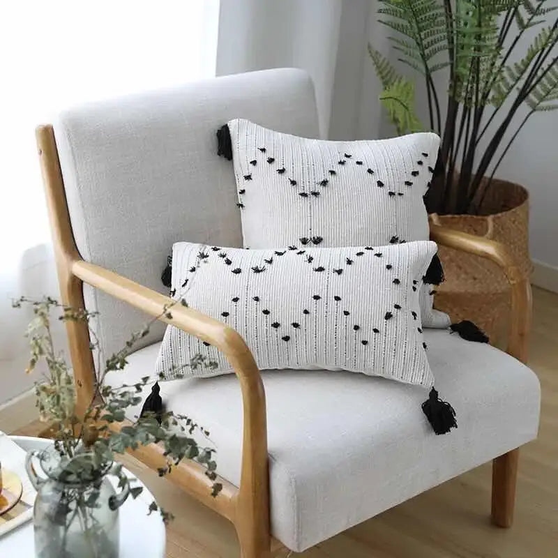 Textured cream & black geometric tassels cushion cover living room