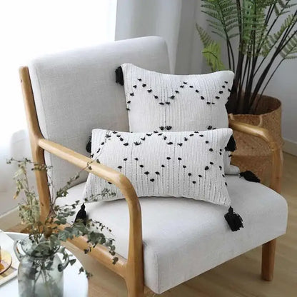 Textured cream & black geometric tassels cushion cover living room