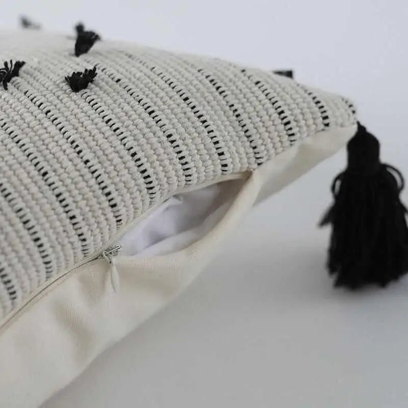 Textured cream & black geometric tassels cushion cover living room