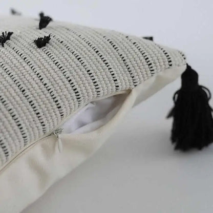 Textured cream & black geometric tassels cushion cover living room