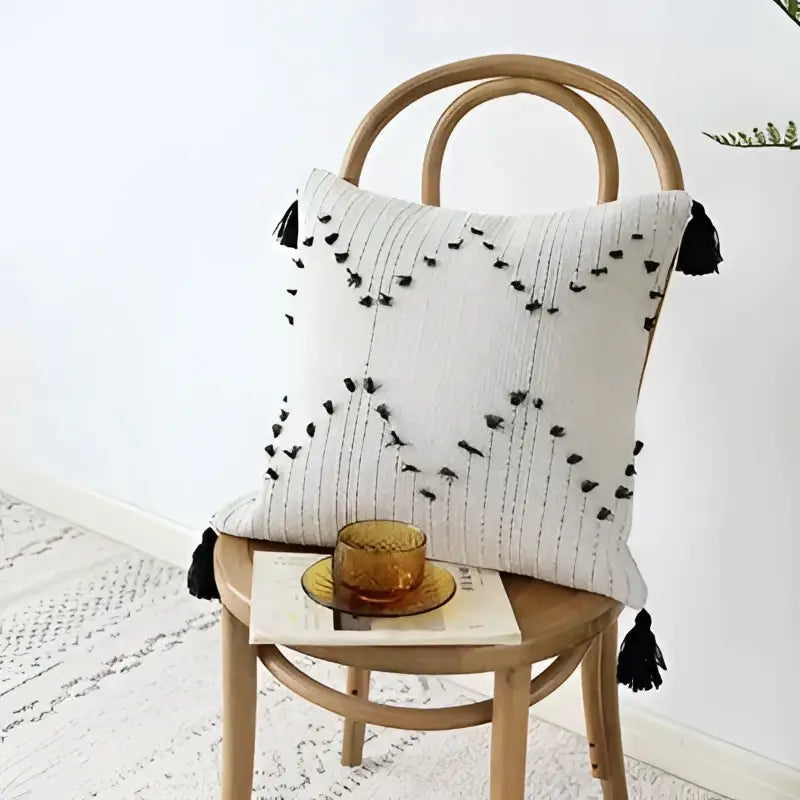Textured cream & black geometric tassels cushion cover living room