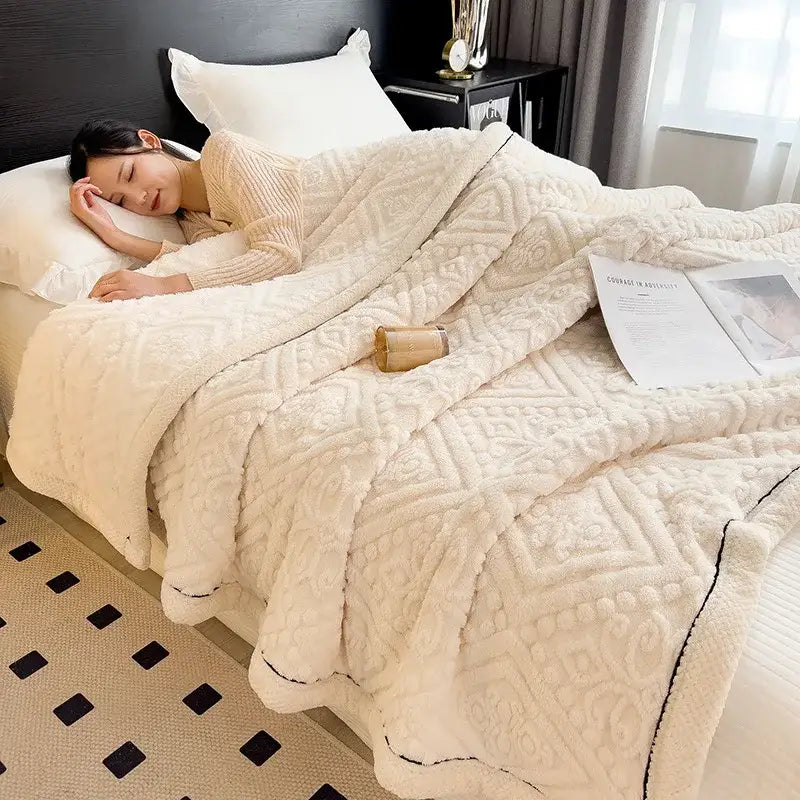 Textured cream coral fleece warm blanket bedroom quilt with black trim