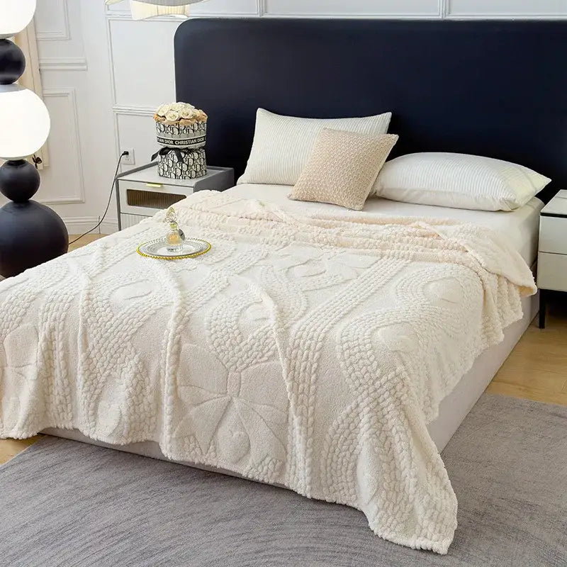 Textured cream jacquard sofa cover blanket for living room