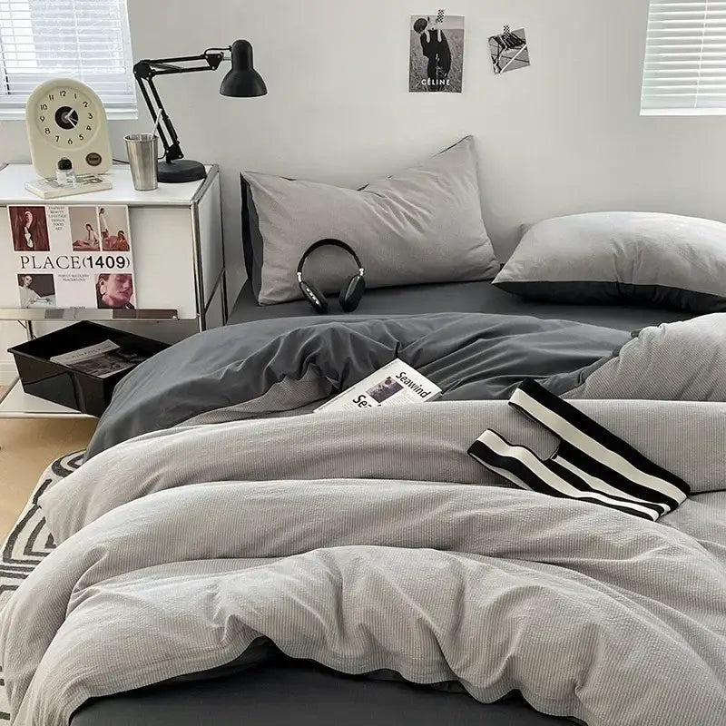 Textured dark gray & light gray bubble cotton quilt sets bedroom