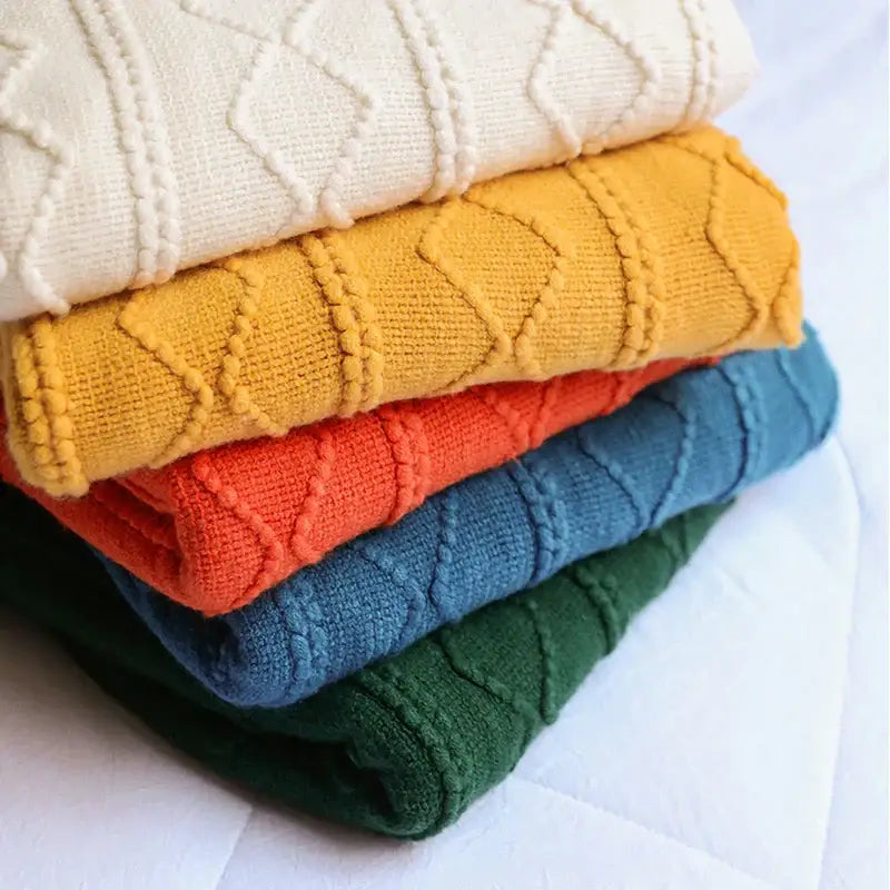 Textured diamond multi color knit throw blanket – living room cozy knit