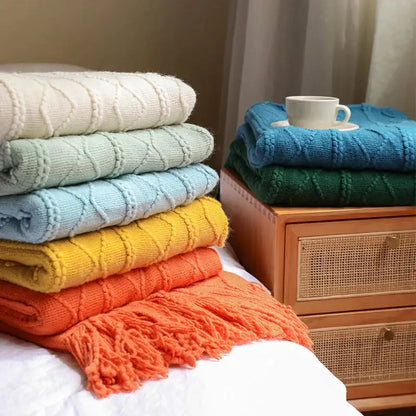 Textured diamond multi color knit throw blanket – living room cozy knit