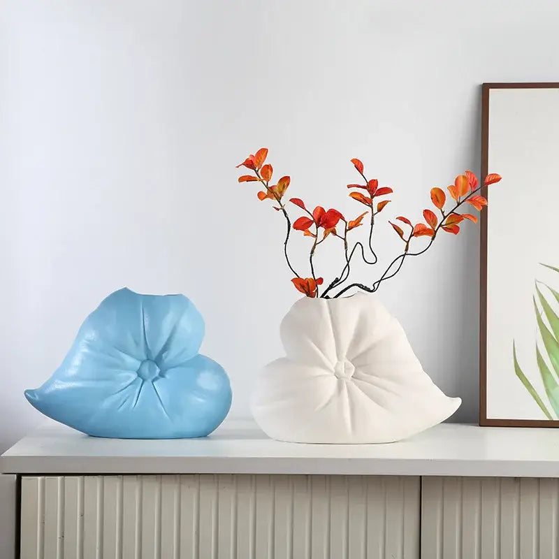 Textured fluffy heart vase white blue & black living room decor